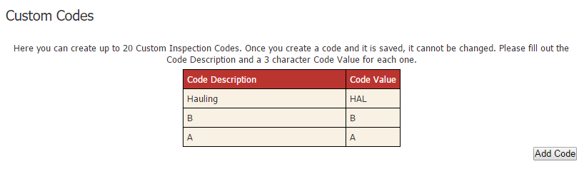 This is the list of your custom codes.
