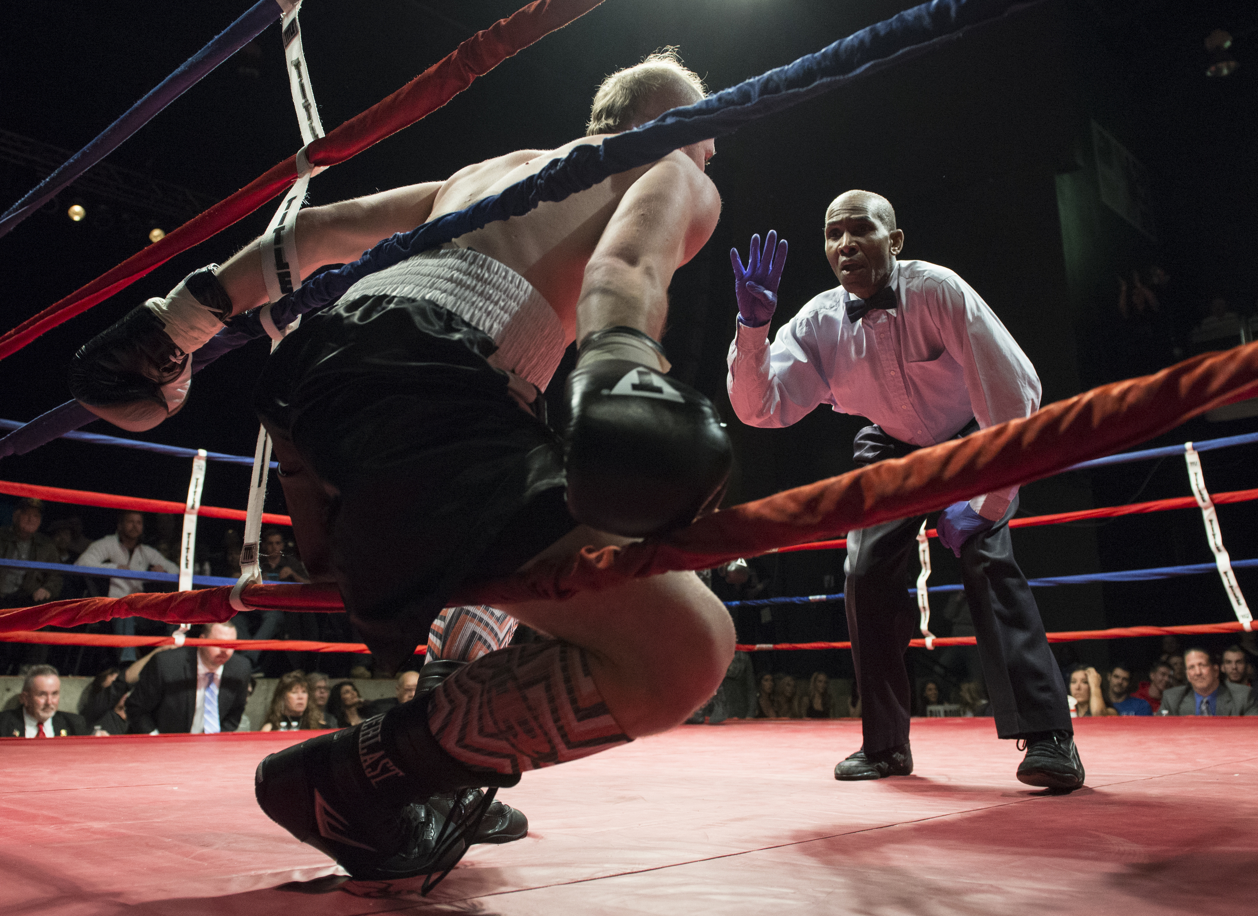 The referee counts over Karl Parks after a blow by his opponent Cory Delaney sent him into the ropes during the Super Middleweight fight at the LC Pavilion in Columbus, during the Arnold Sports Festival on Saturday, March 7, 2015.