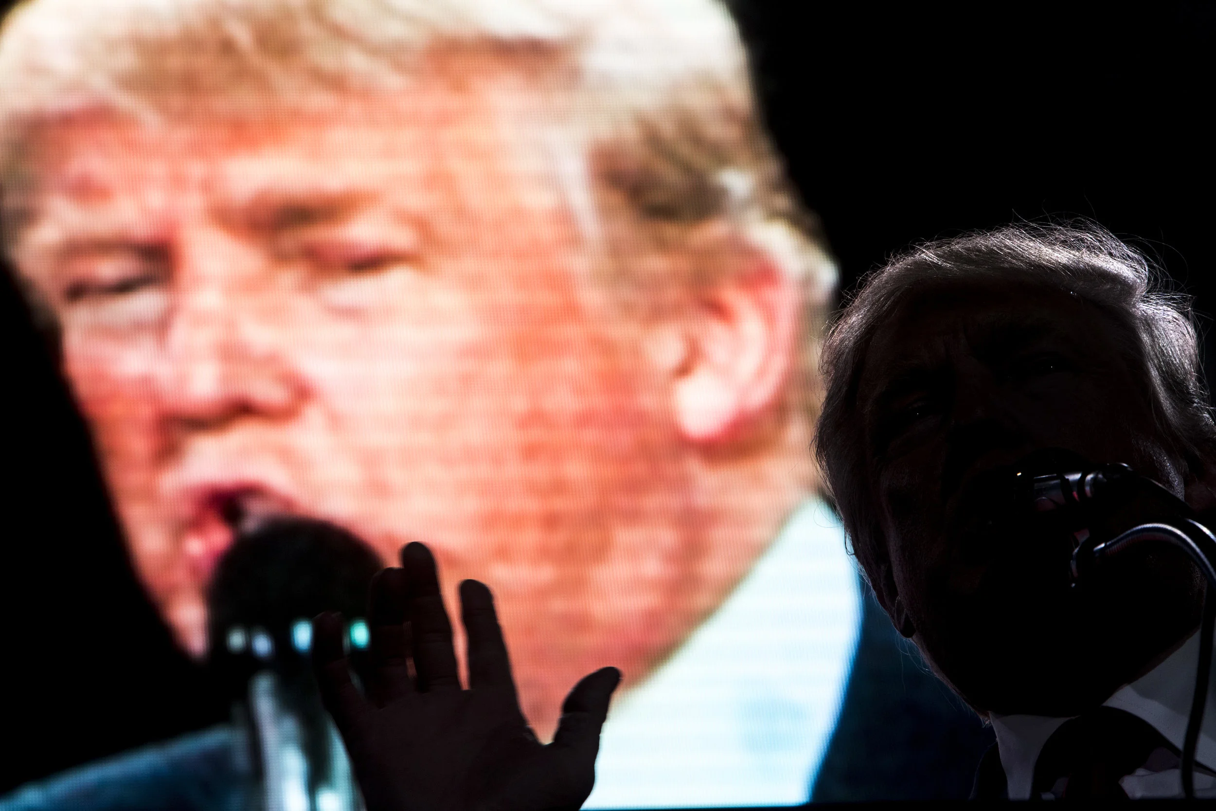  Republican presidential nominee Donald Trump animatedlyspeaks to the crowd during his rally at MIDFLORIDA Credit Union Amphitheater in Tampa, Florida on Monday, Oct. 24, 2016.&nbsp; 