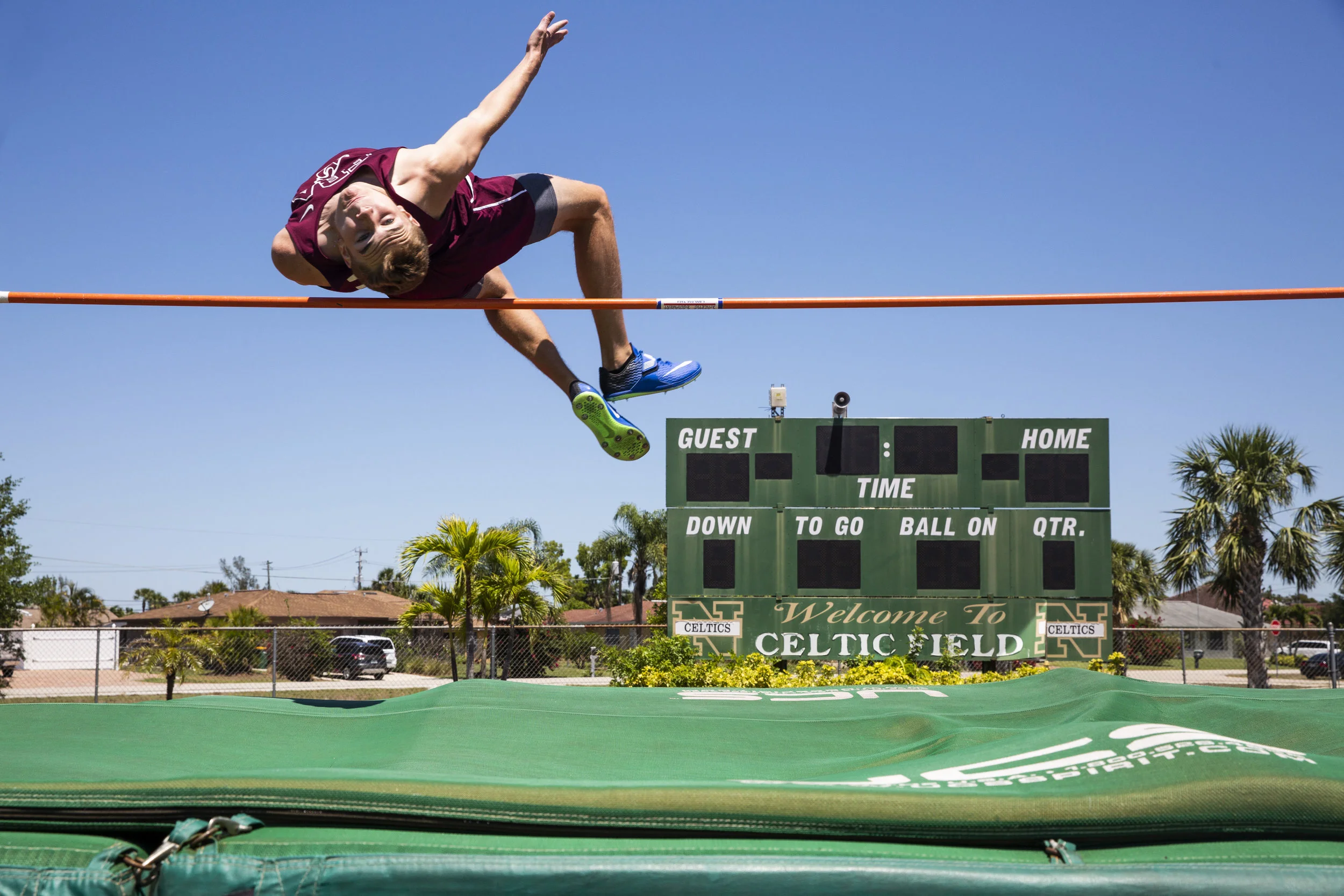 Nick Tompkins, from First Baptist Academy, competes in the high jump during the Class 1A District 8 track and field meet at St. John Neumann Catholic High School on Tuesday, April 17, 2018.