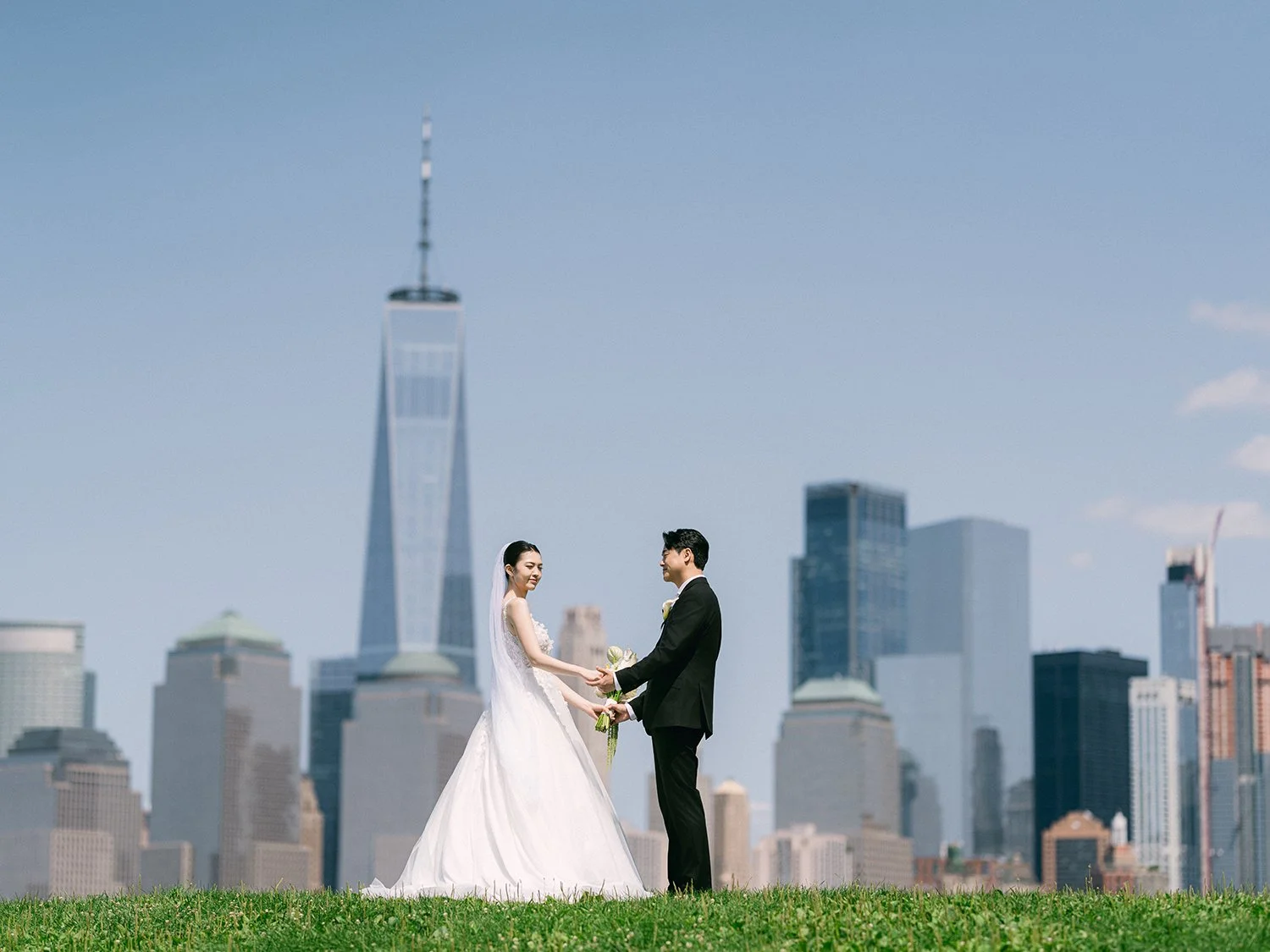 Bride and groom wedding portrait by the waterfront at Maritime Parc Jersey City