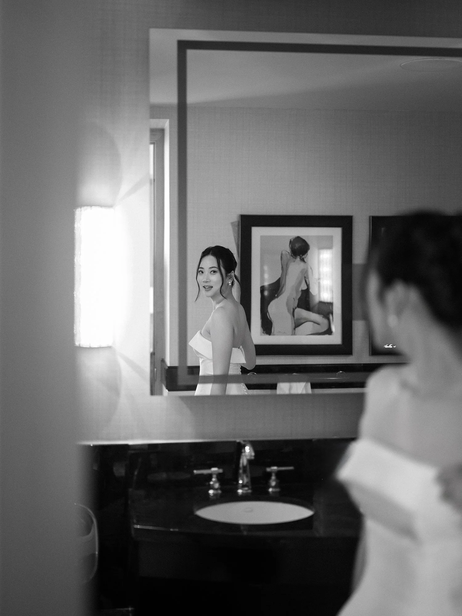 Bride Kathy getting ready in the bridal suite at the Mandarin Oriental, Columbus Circle wedding morning