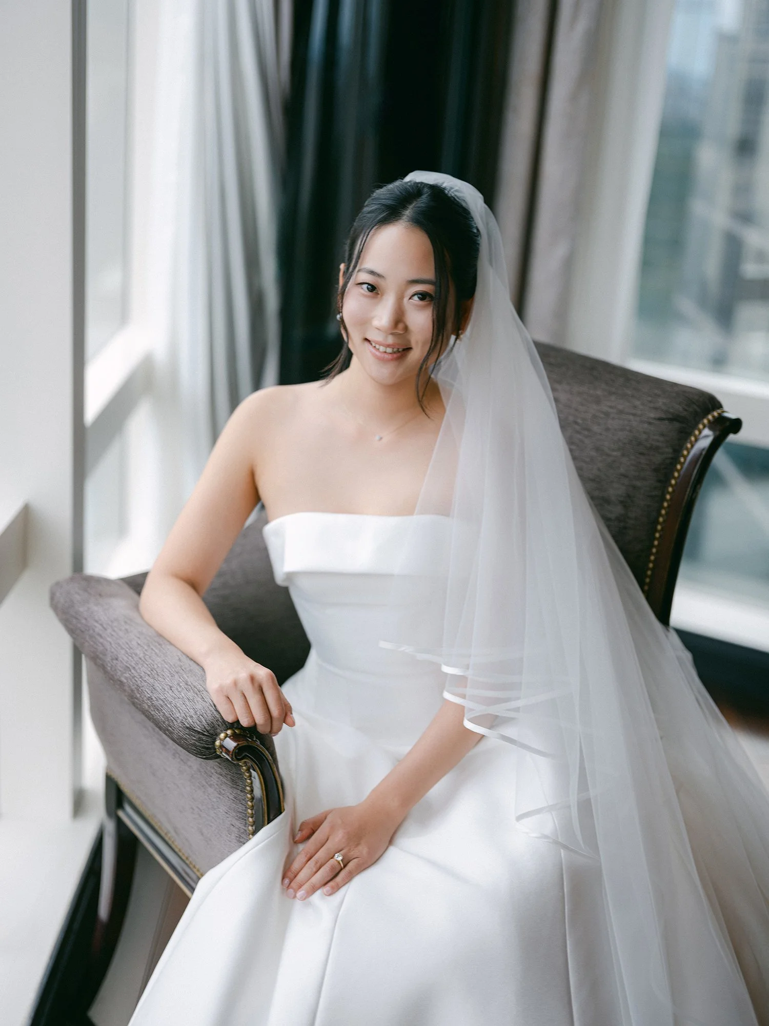 Bride Kathy's portrait in the bridal suite at the Mandarin Oriental, Columbus Circle wedding morning