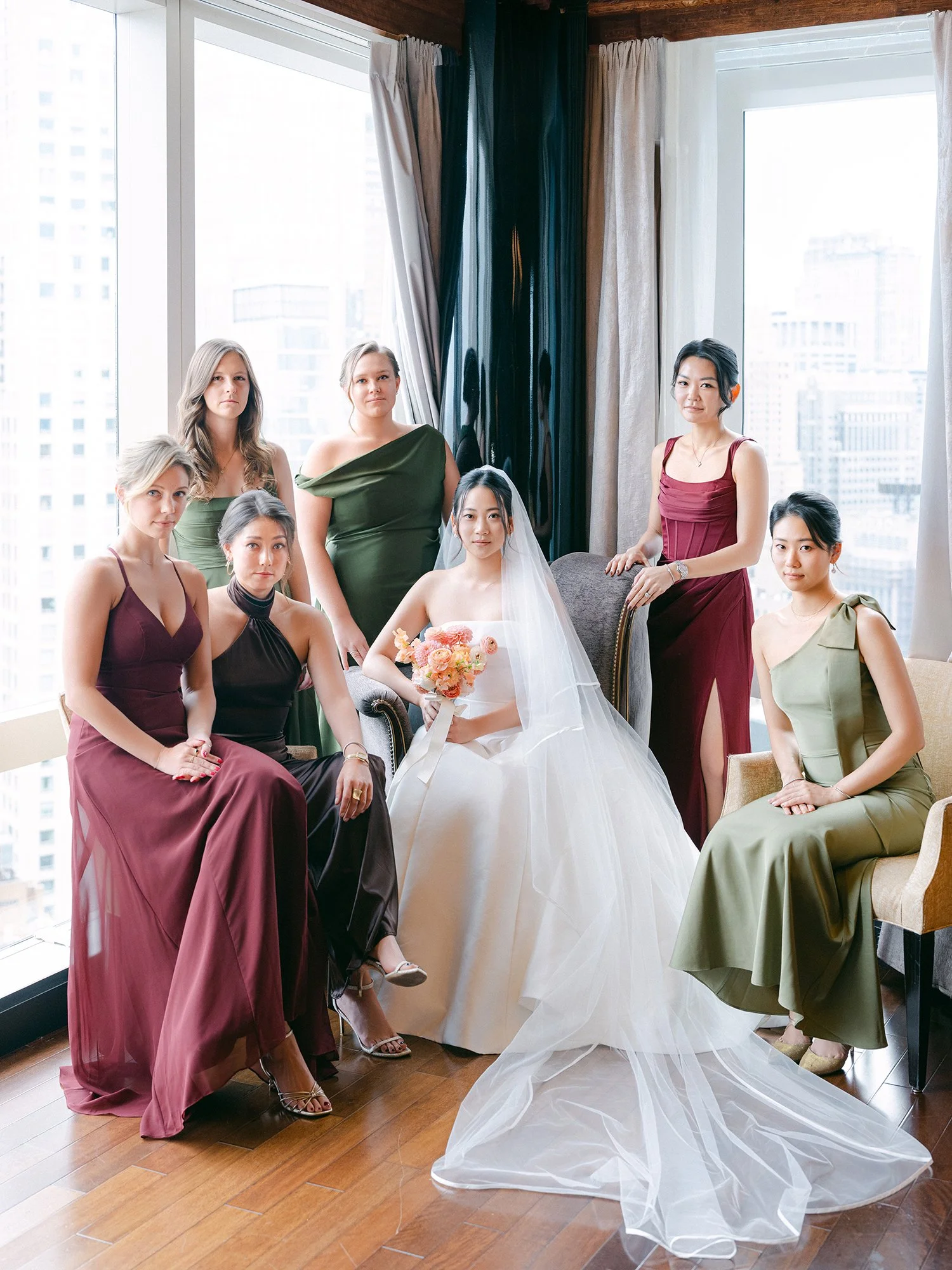 Bride Kathy and brides maids portrait in the bridal suite at the Mandarin Oriental, Columbus Circle wedding morning