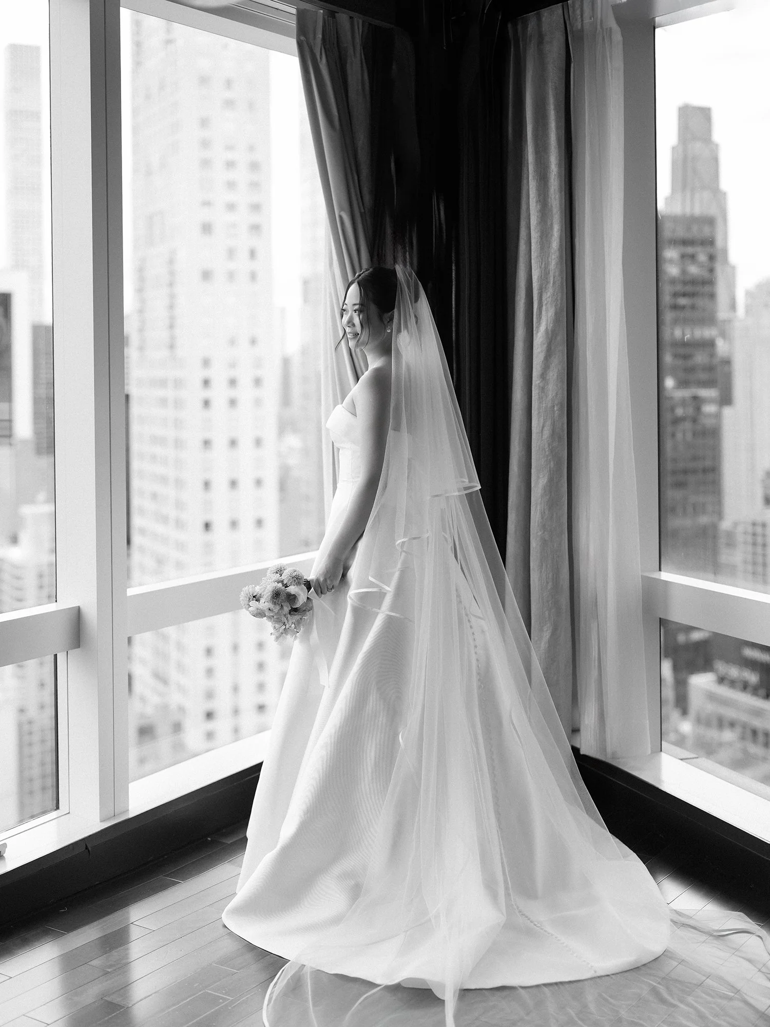 Bride Kathy's portrait in the bridal suite at the Mandarin Oriental, Columbus Circle wedding morning