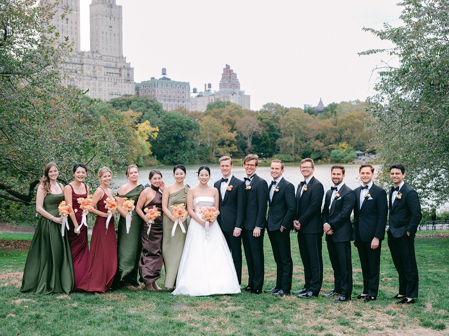portraits of Kathy and Blake with bridal party in Central Park, October wedding