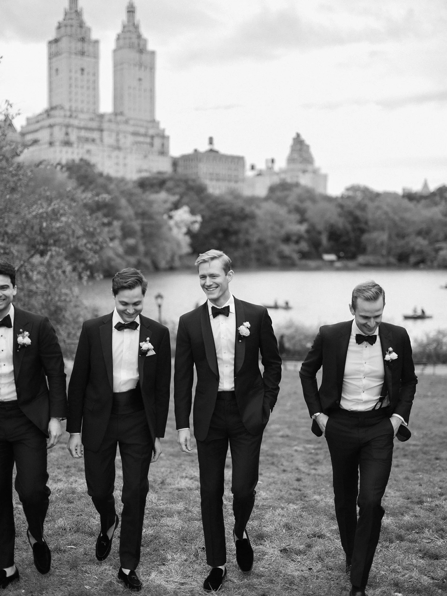 portraits of Kathy and Blake with bridal party in Central Park, October wedding