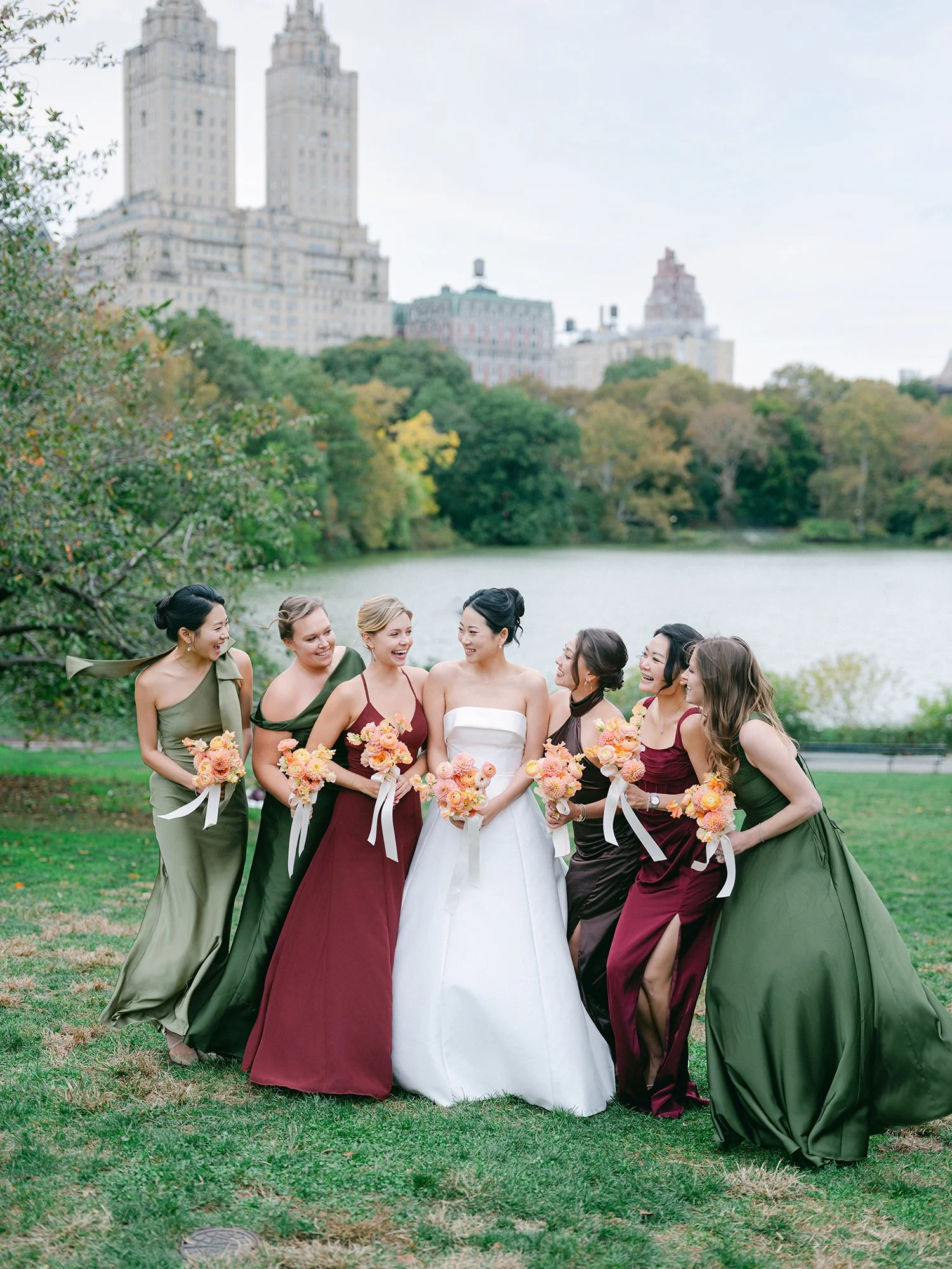 portraits of Kathy and Blake with bridal party in Central Park, October wedding