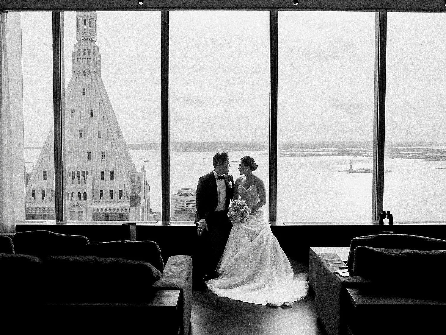 Black and white New York wedding portrait overlooking the city