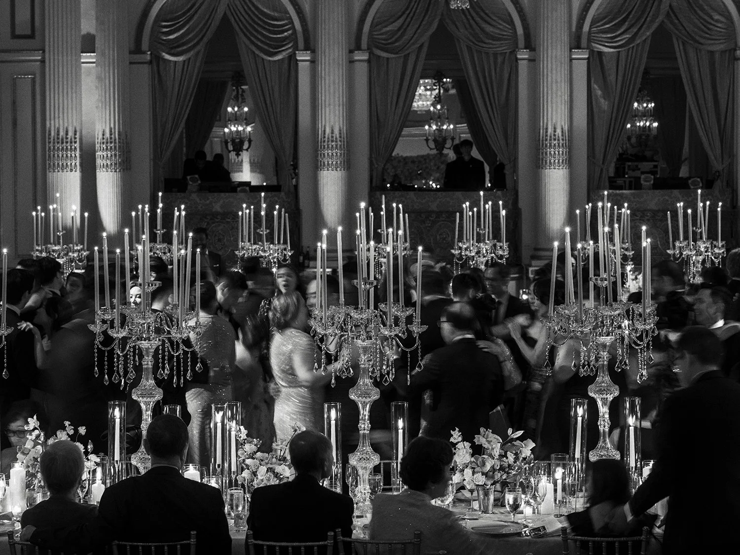 Black and white wedding reception at an elegant New York venue