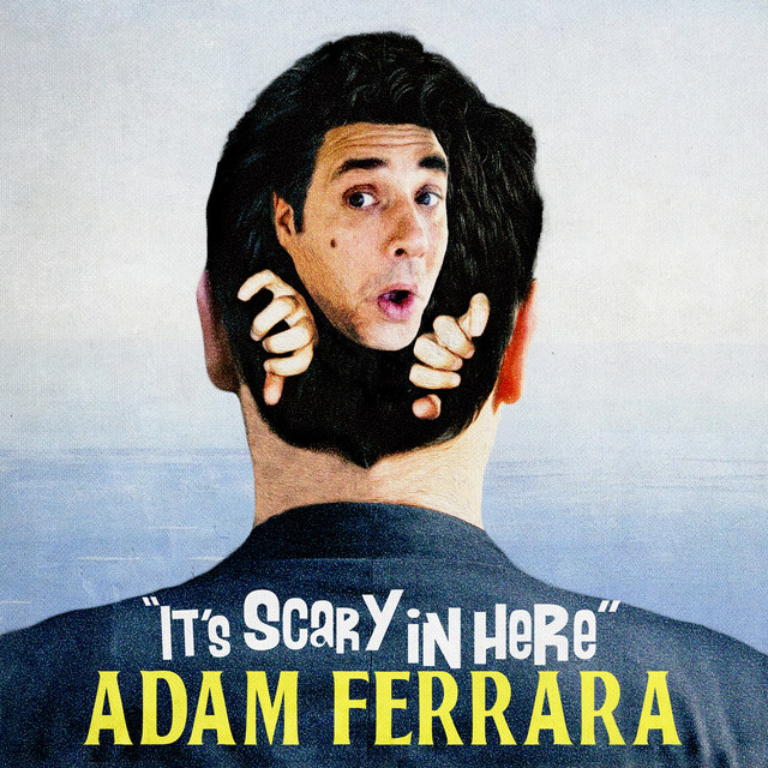 A promotional poster for the movie "It's Scary in Here" featuring Adam Ferrara. The poster shows the back of a person with a mirror reflecting Adam Ferrara's face, with his expression surprised or curious.
