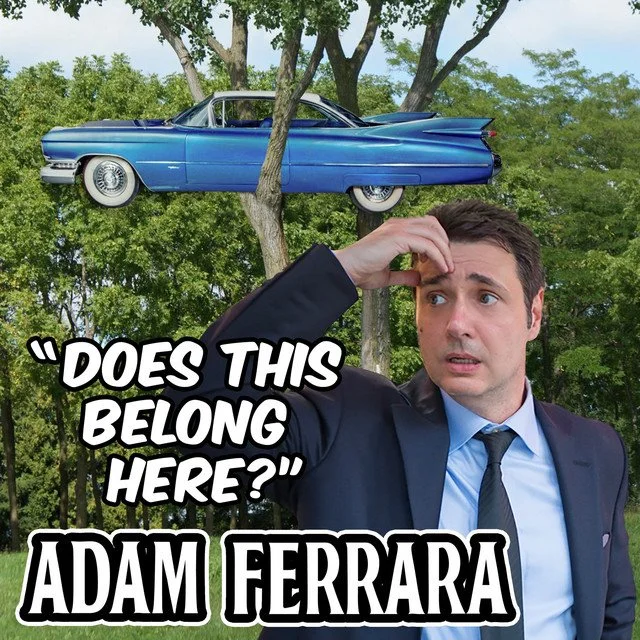 A man in a business suit looks puzzled and is holding his head, standing outdoors with trees in the background. There is a flying blue vintage car above him, which appears to be suspended in the air. Text on the image reads: "Does this belong here?" and "Adam Ferrara."