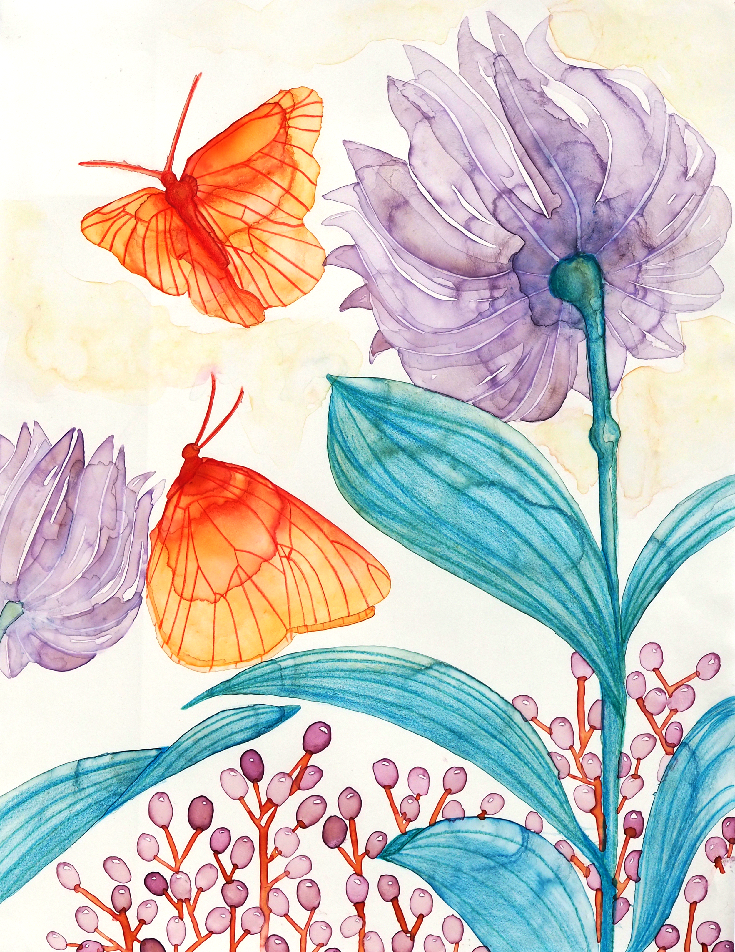 Colorful watercolor illustration of orange butterflies, purple flowers, green leaves, and pink berries.