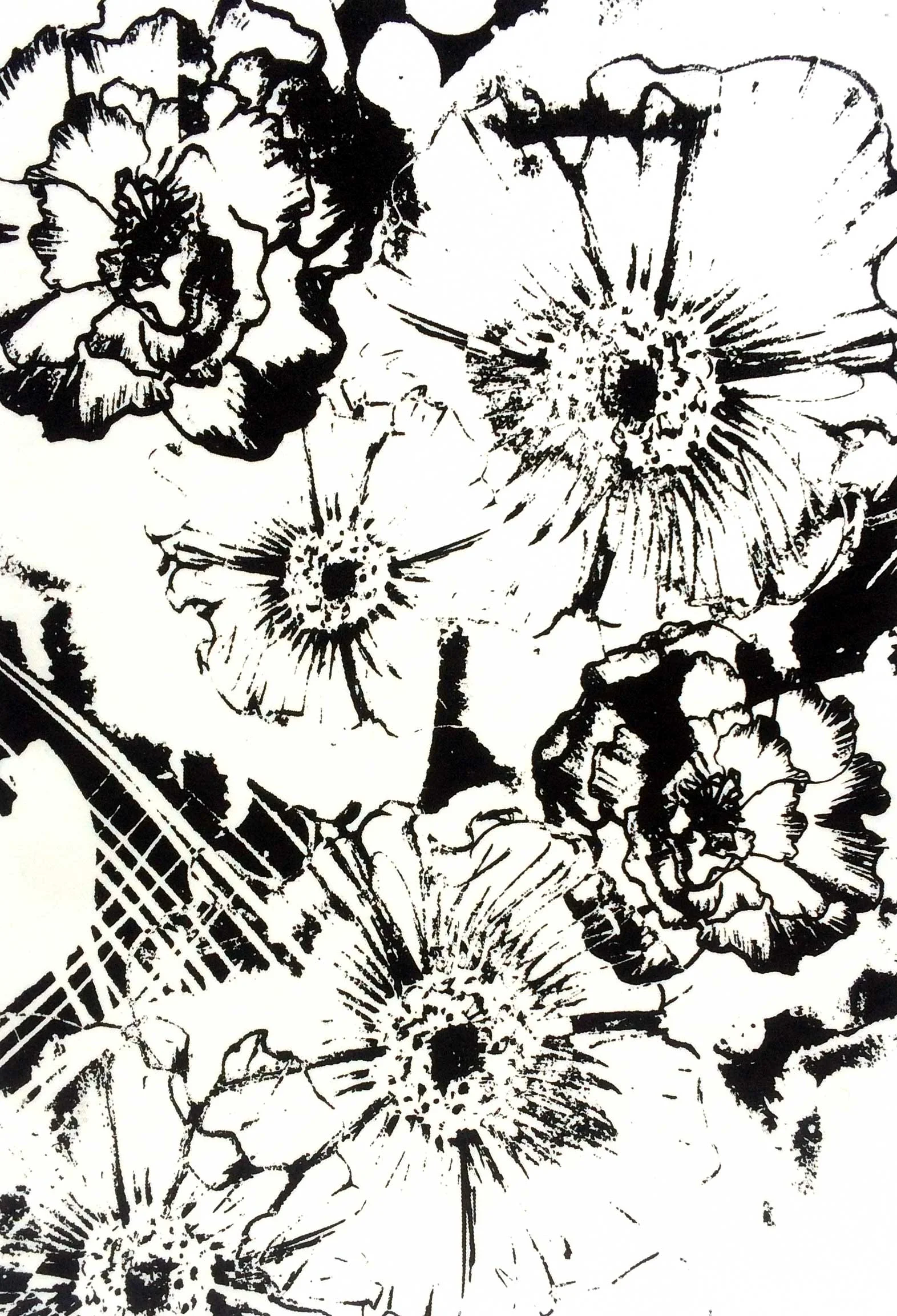 Abstract black and white floral pattern with poppy-like flowers.