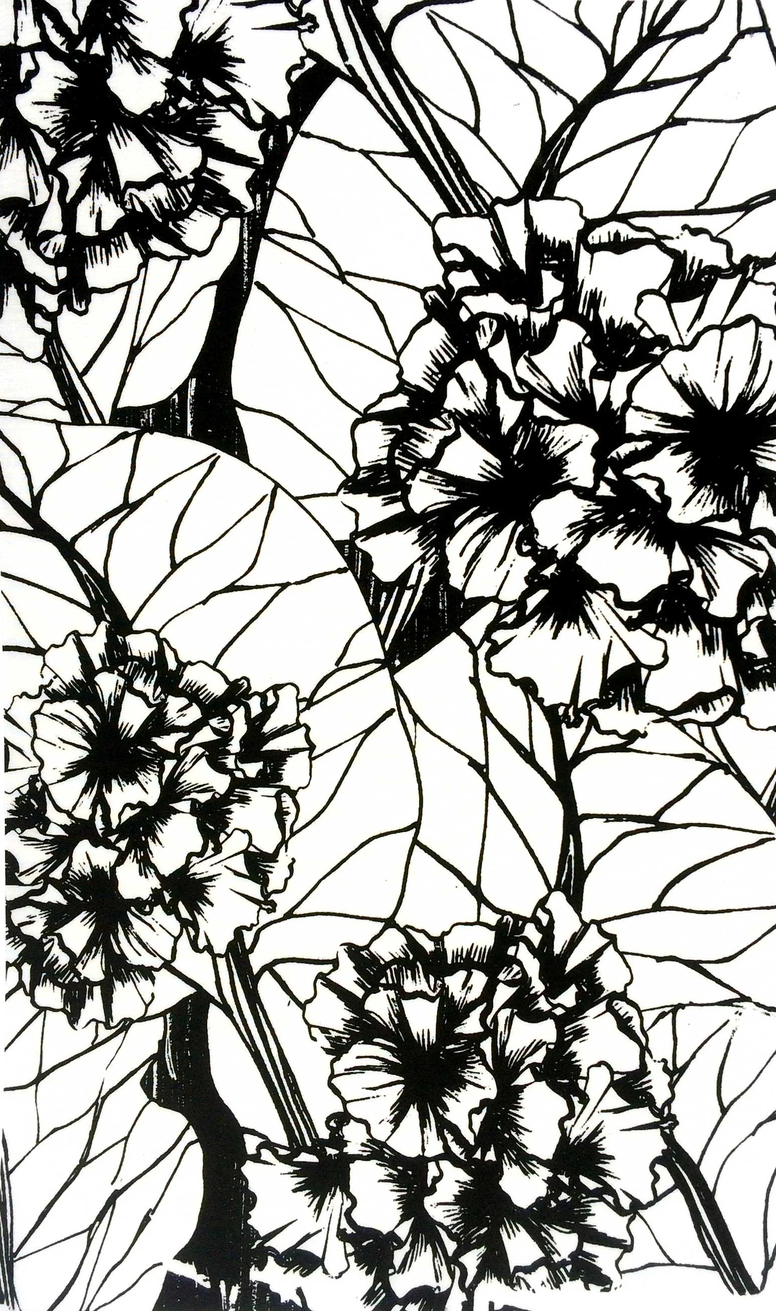Black and white floral pattern with large leaves and clustered flowers, outlined and shaded.