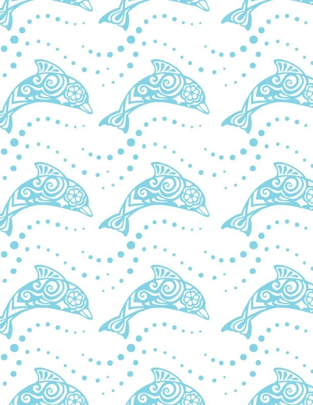 Pattern of blue dolphins with decorative swirls on a white background.