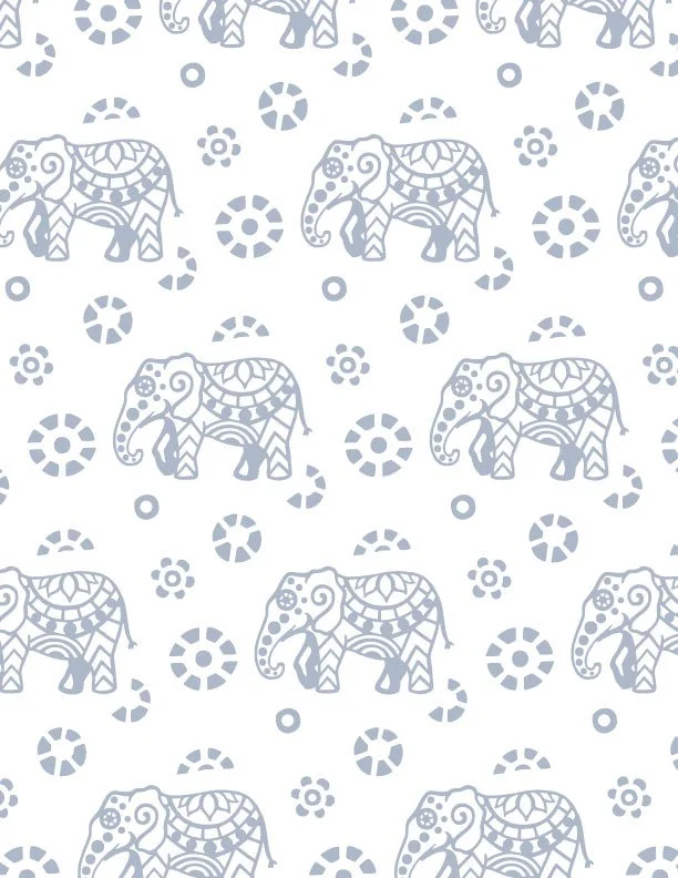 Seamless pattern with stylized elephants and circular motifs in light gray on a white background.