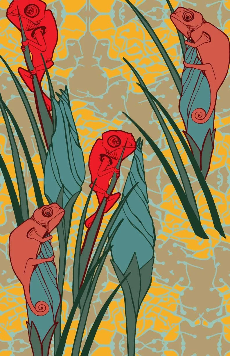 Illustration of red chameleons on plants with abstract background
