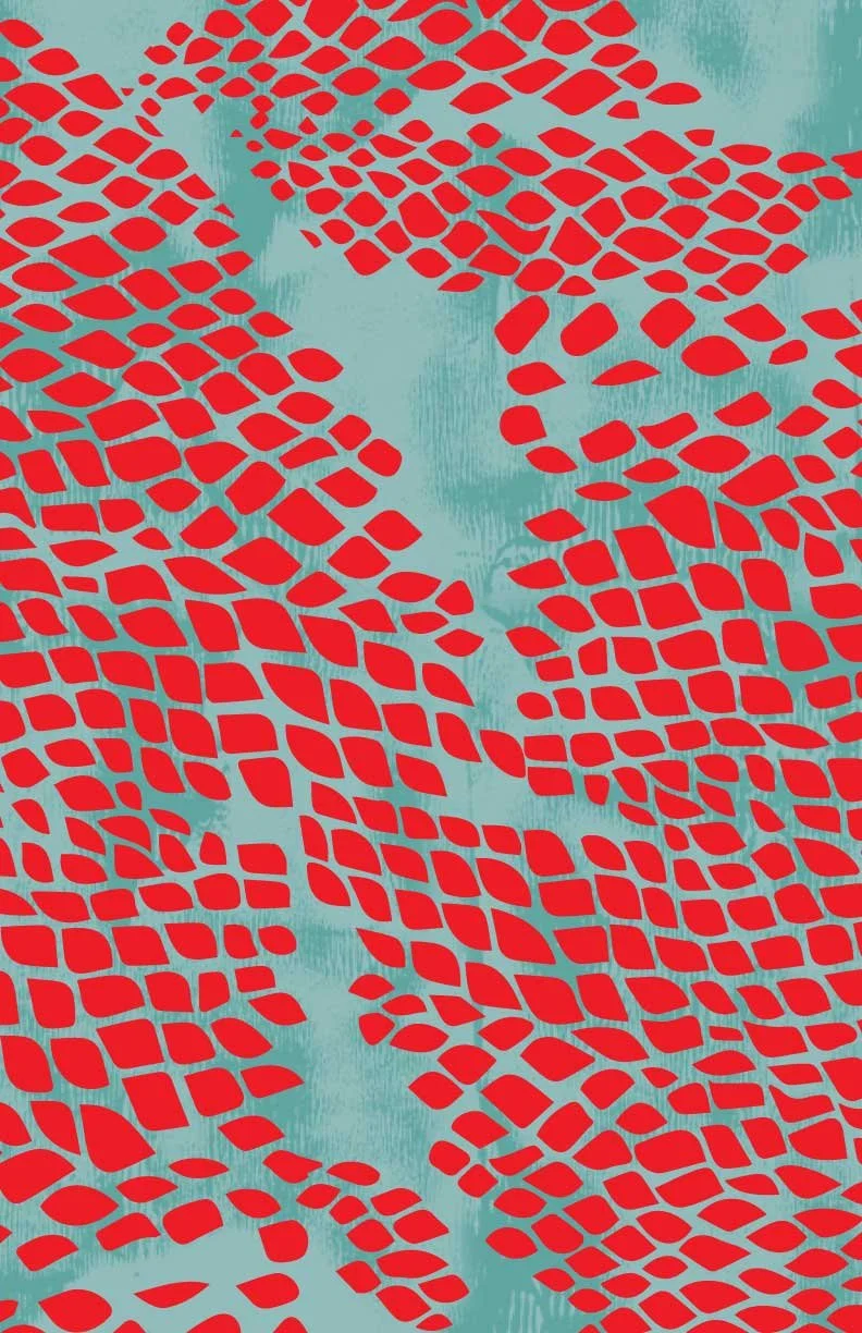 Abstract pattern with red irregular shapes on a teal background.