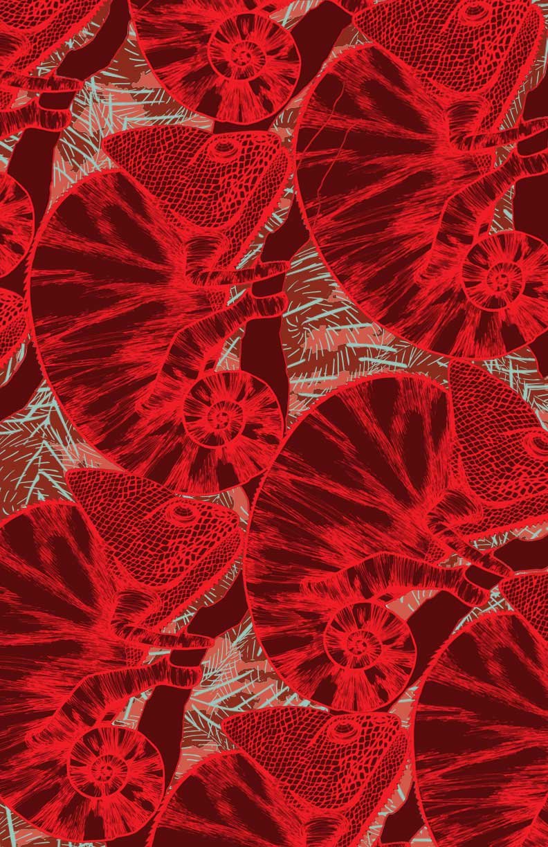 Pattern of red chameleons on brown background