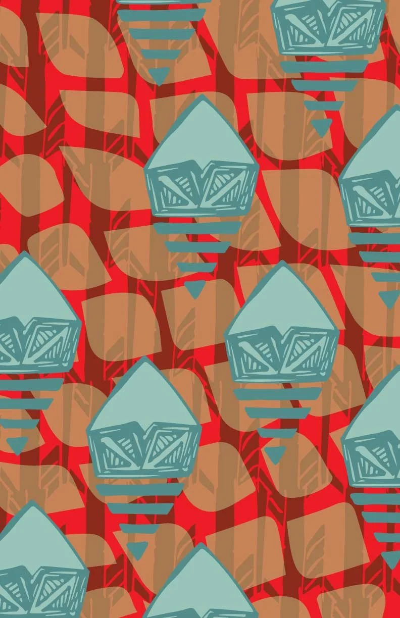 Abstract pattern with geometric shapes and leaf motifs on a red background