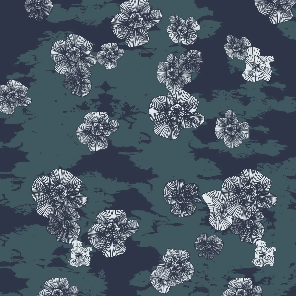 Pattern of white floral outlines on a dark blue and green camouflage background.