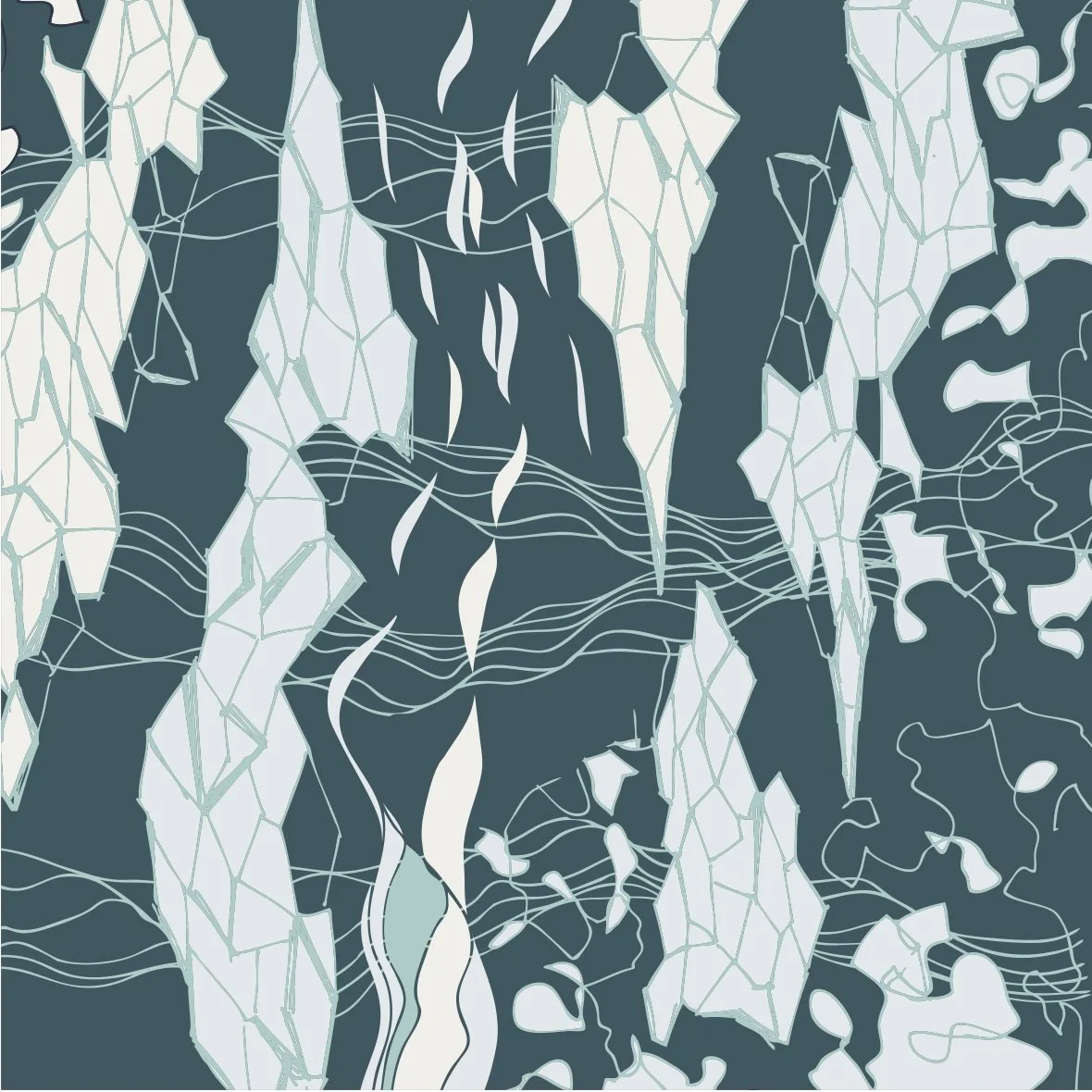 Abstract geometric patterns with wavy lines and angular shapes in soft blue and white tones on a dark background.