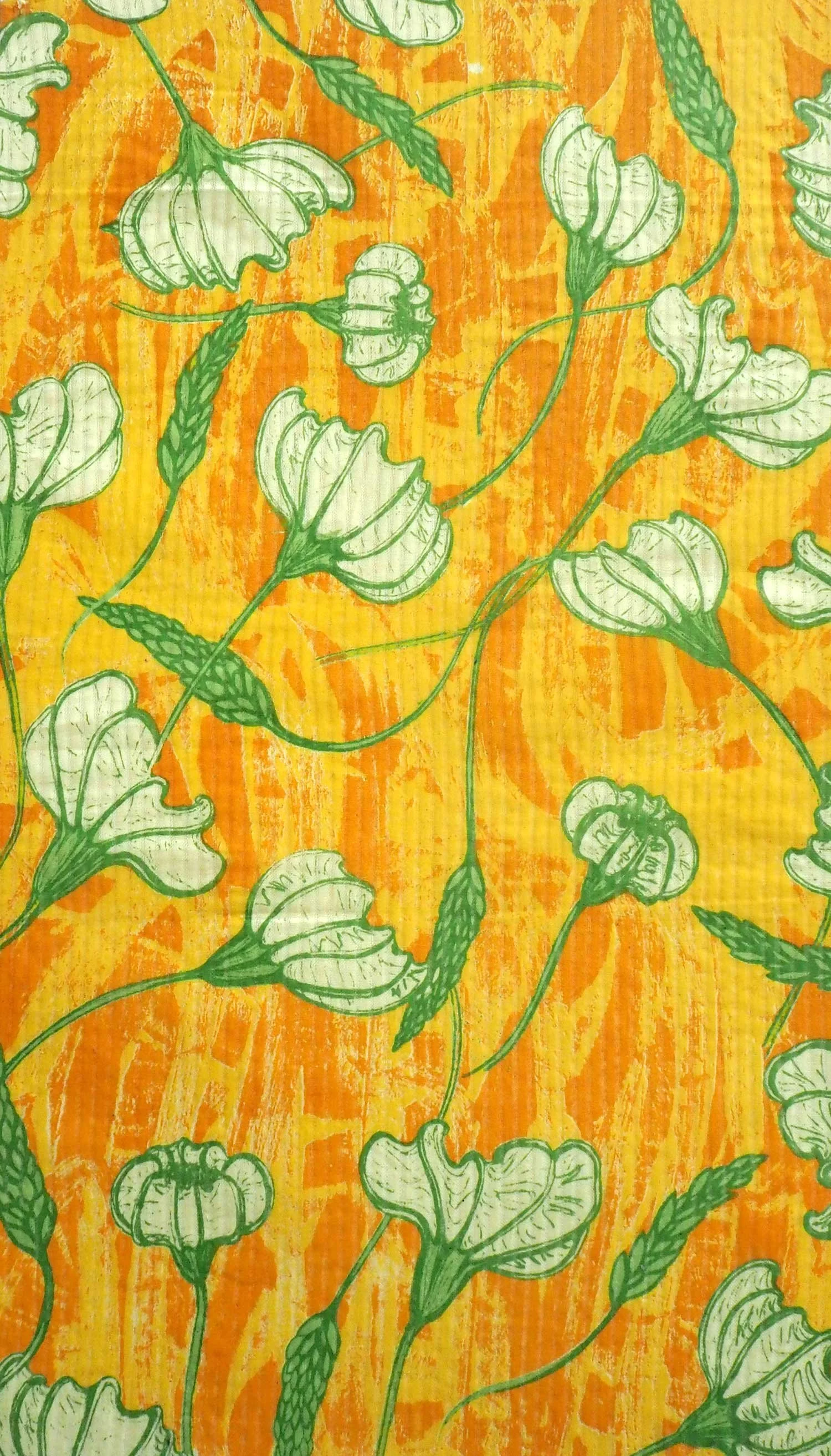 Colorful floral pattern with white flowers and green leaves on an orange and yellow background.