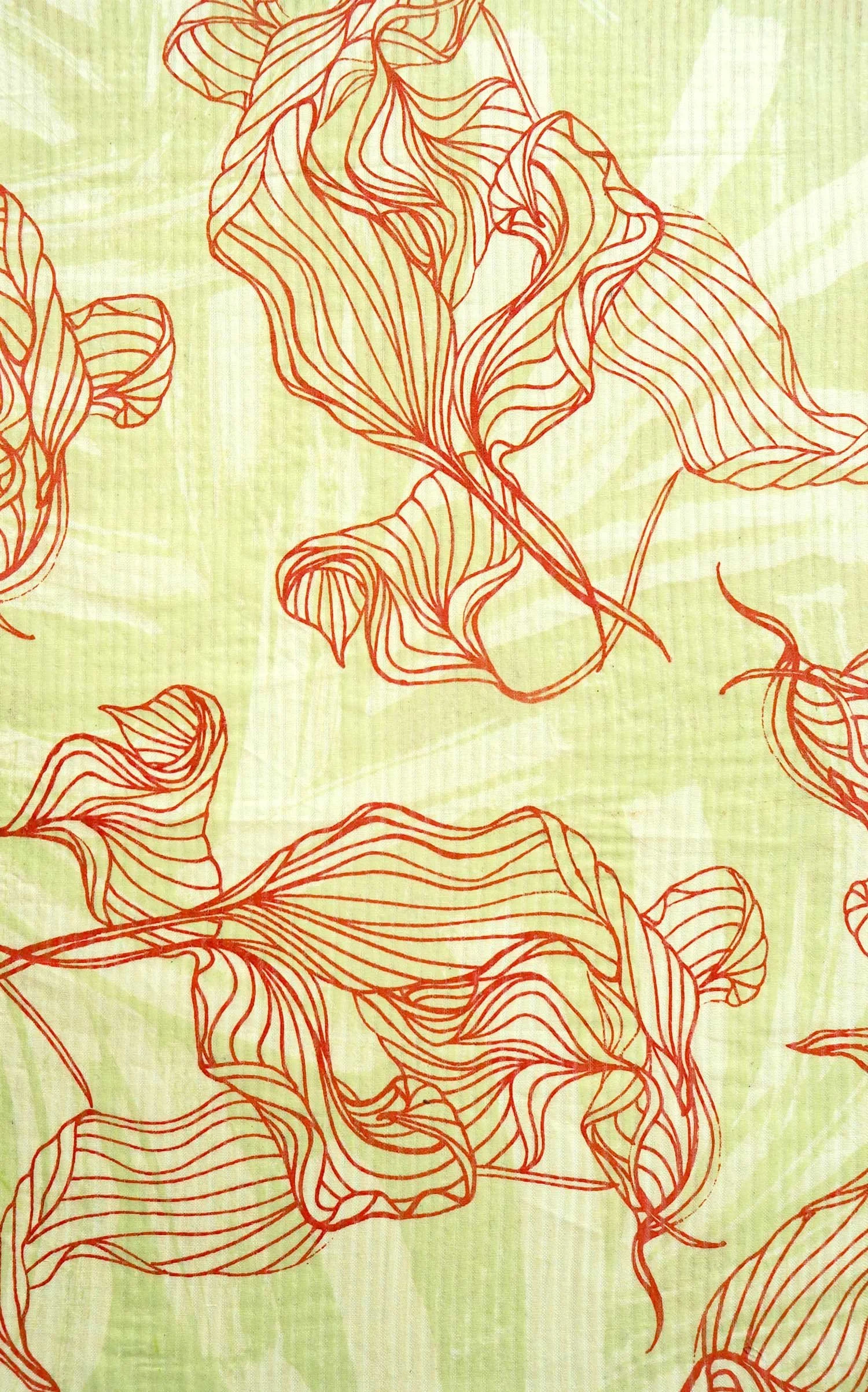 Abstract pattern with orange line art on a light green background, depicting swirling, leaf-like designs.