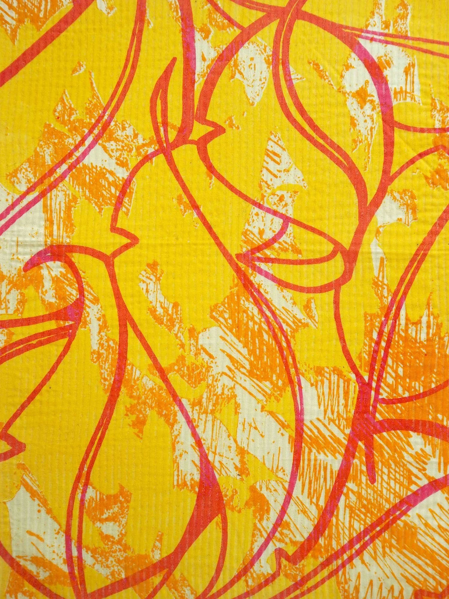 Abstract art with orange and red lines on a yellow background
