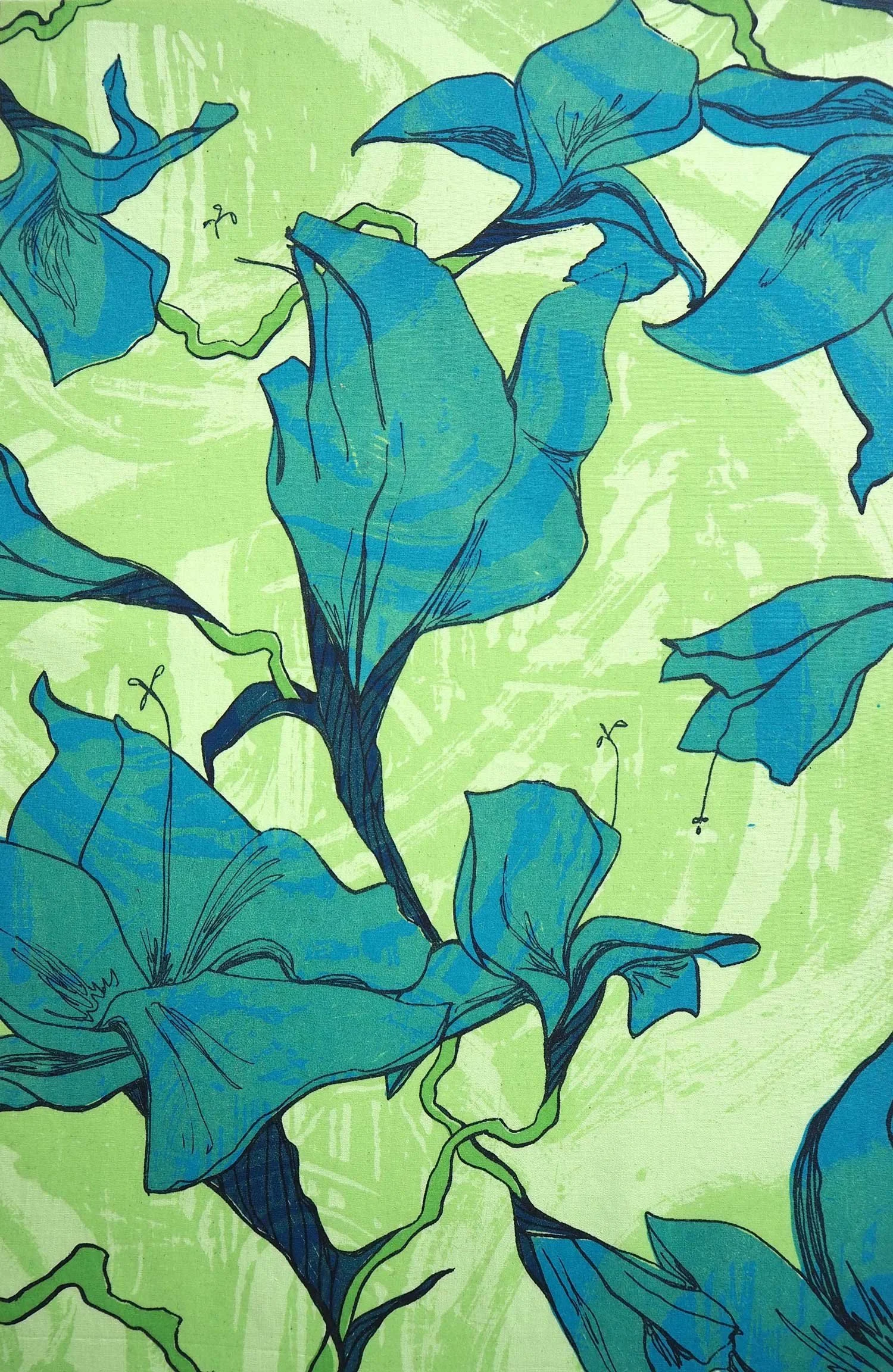 Abstract floral pattern with blue flowers on a green background.