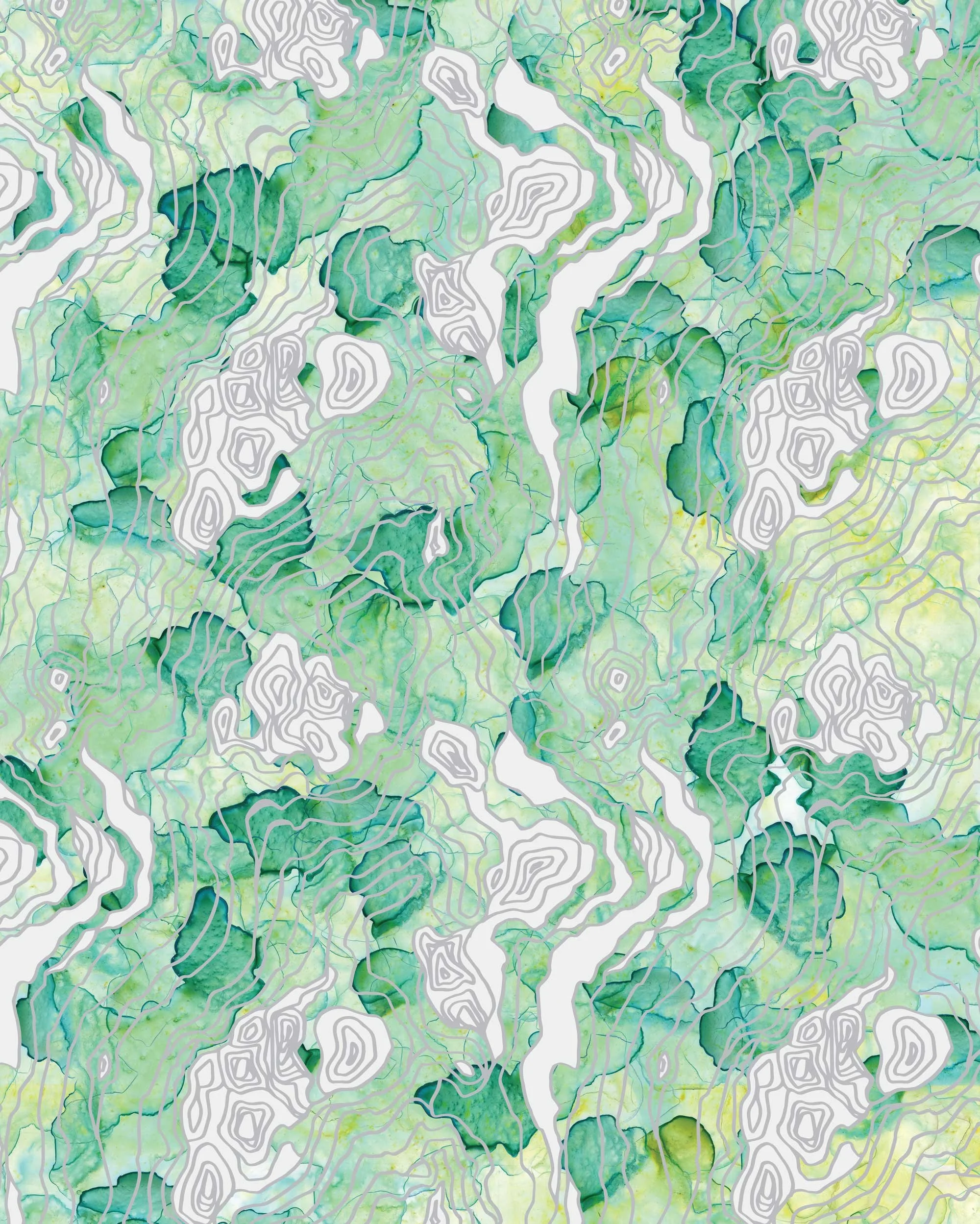 Abstract green and white watercolor pattern with contour lines
