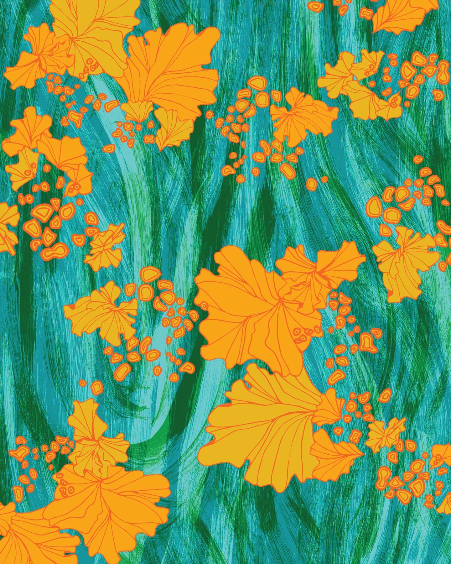 Abstract illustration with orange flowers and swirls on a textured teal and green background.