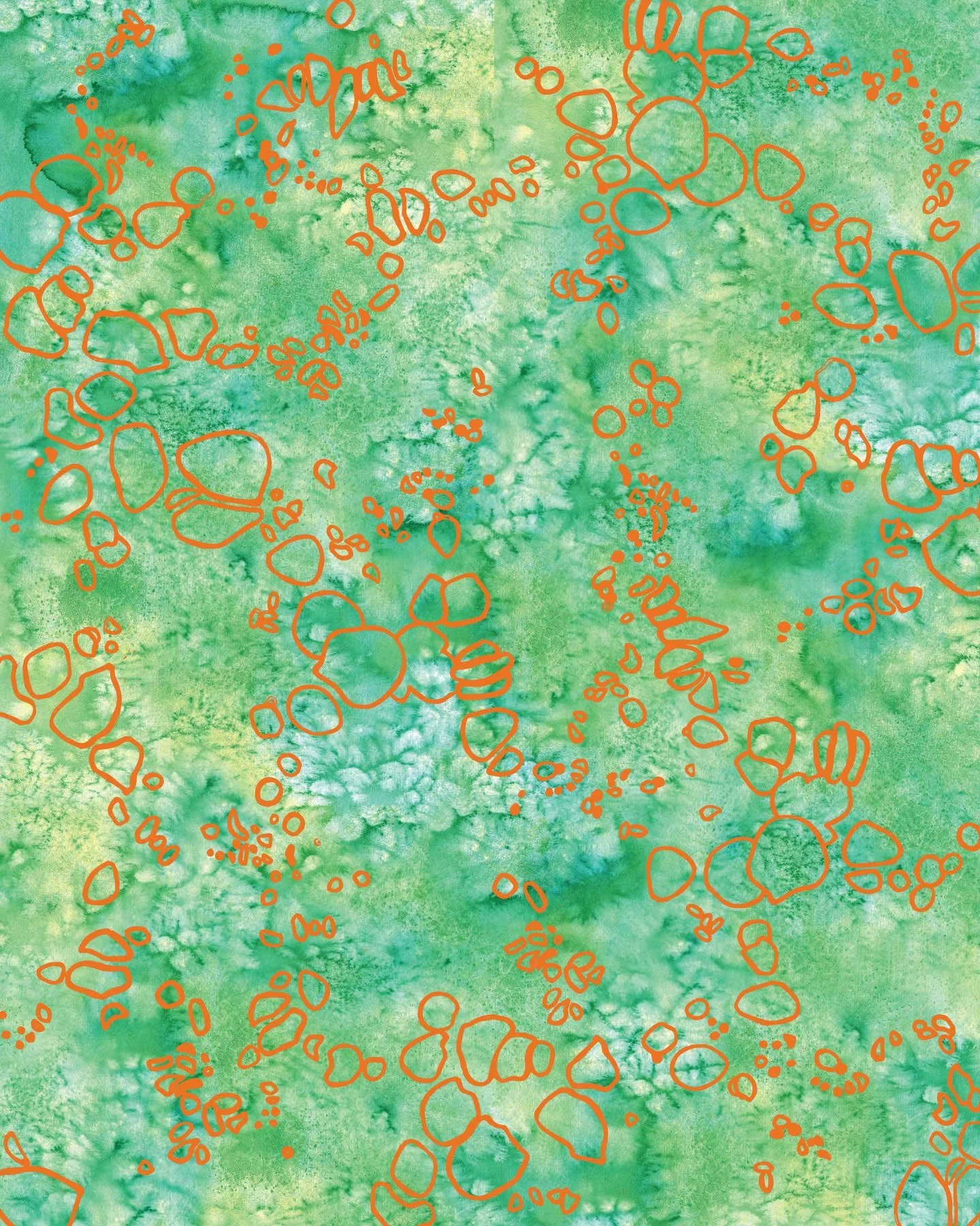 Abstract design with orange outlines on a green textured background.