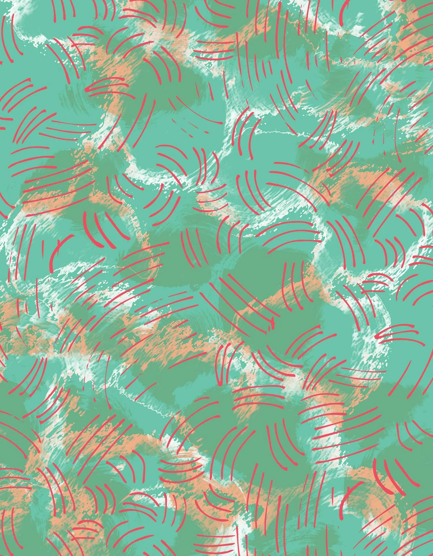 Abstract pattern with turquoise, white, and orange brushstrokes and curved red lines