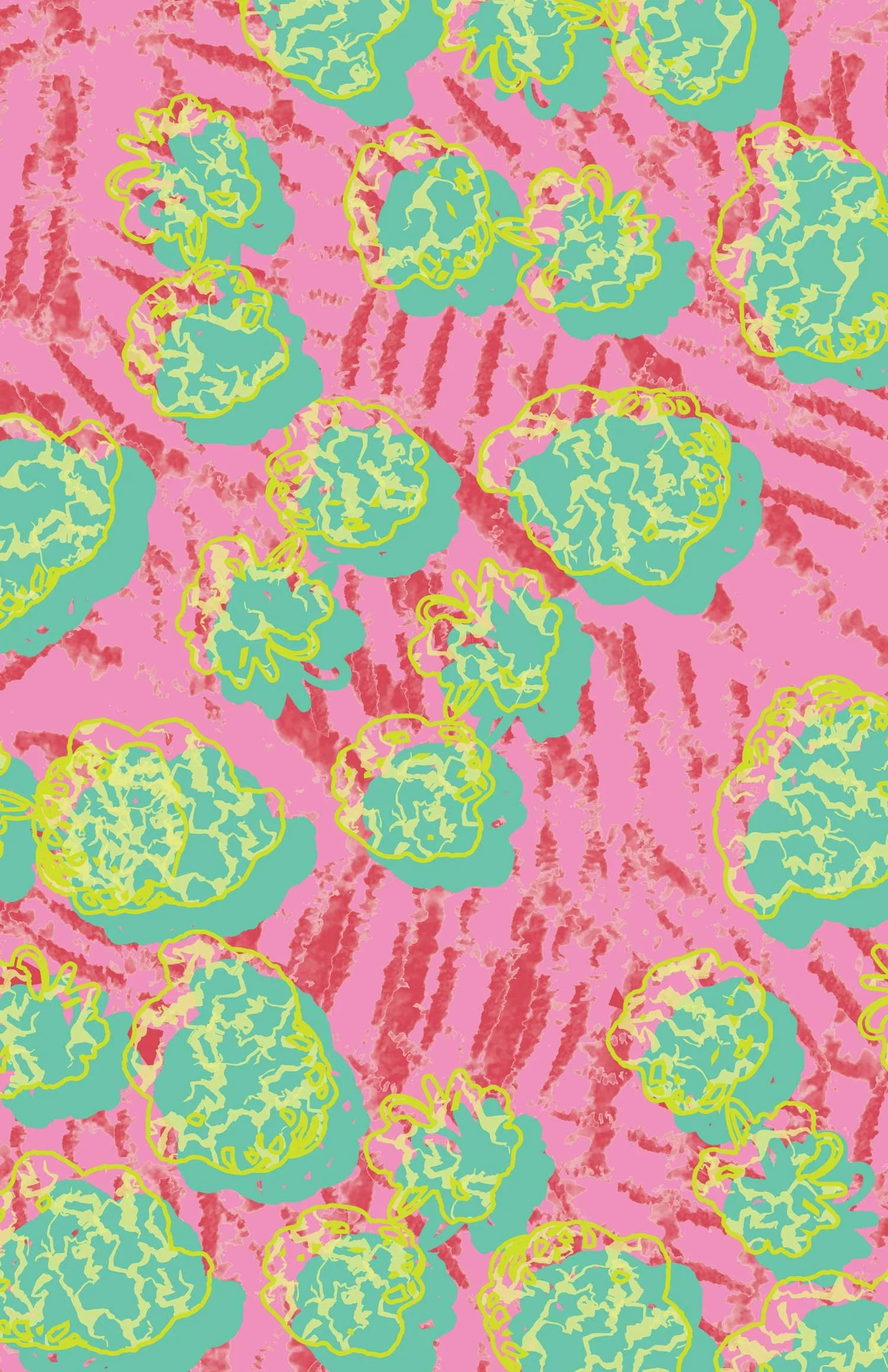 Abstract floral pattern with vibrant colors including pink, green, yellow, and red.