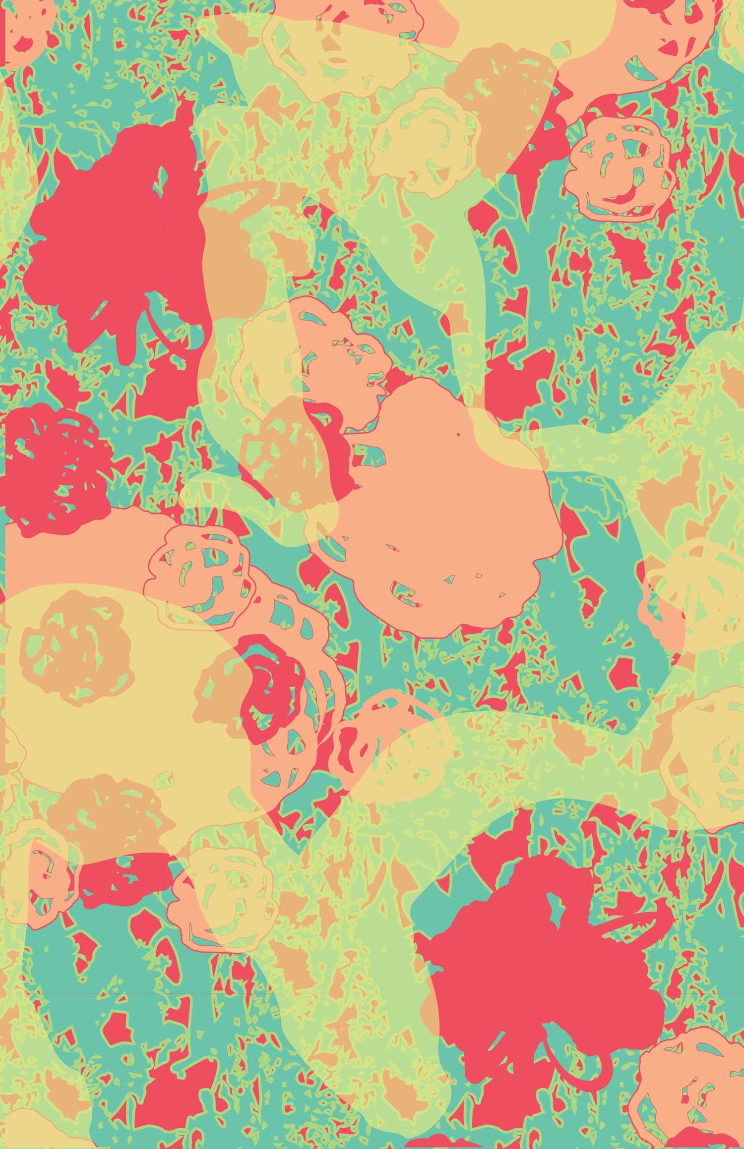 colorful abstract pattern with organic shapes in red, green, and yellow hues