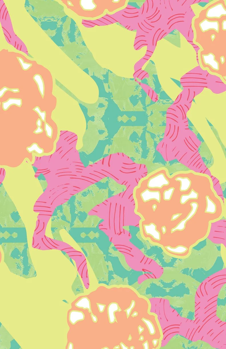 Abstract pattern with wavy shapes in pink, green, and orange tones.