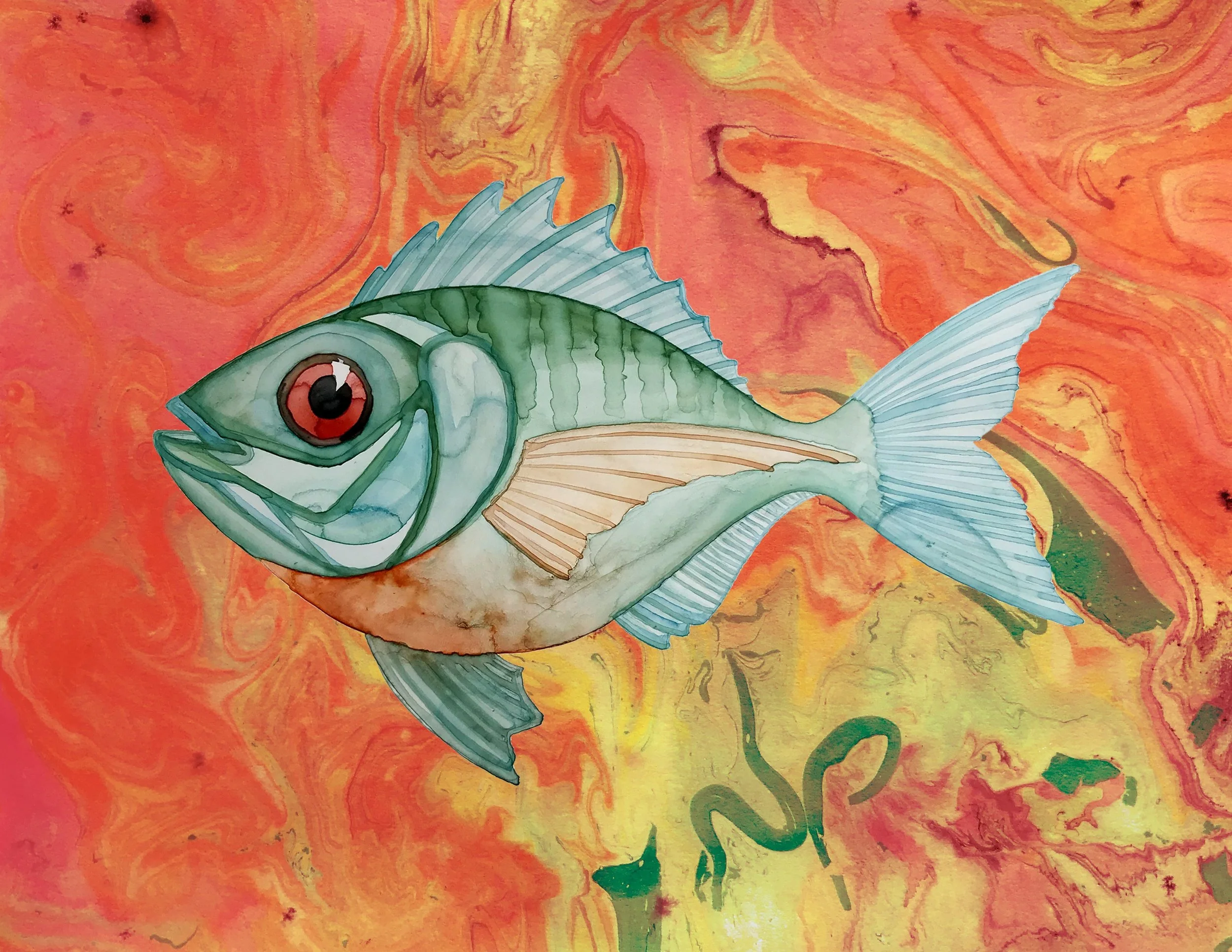 Illustrated fish swimming against a vibrant, swirling red and yellow background.