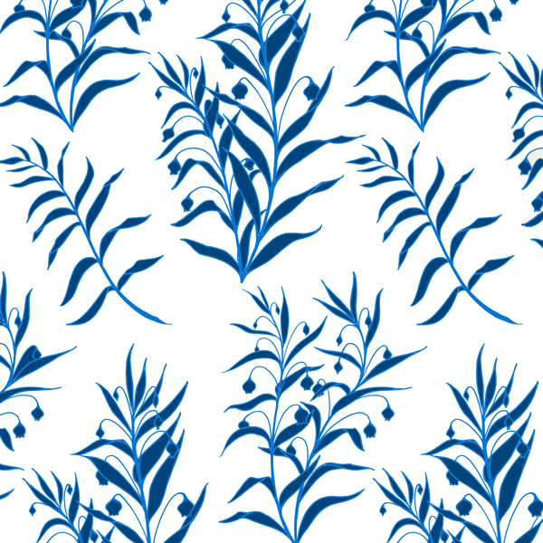 Blue floral pattern with leaves and buds on a white background.