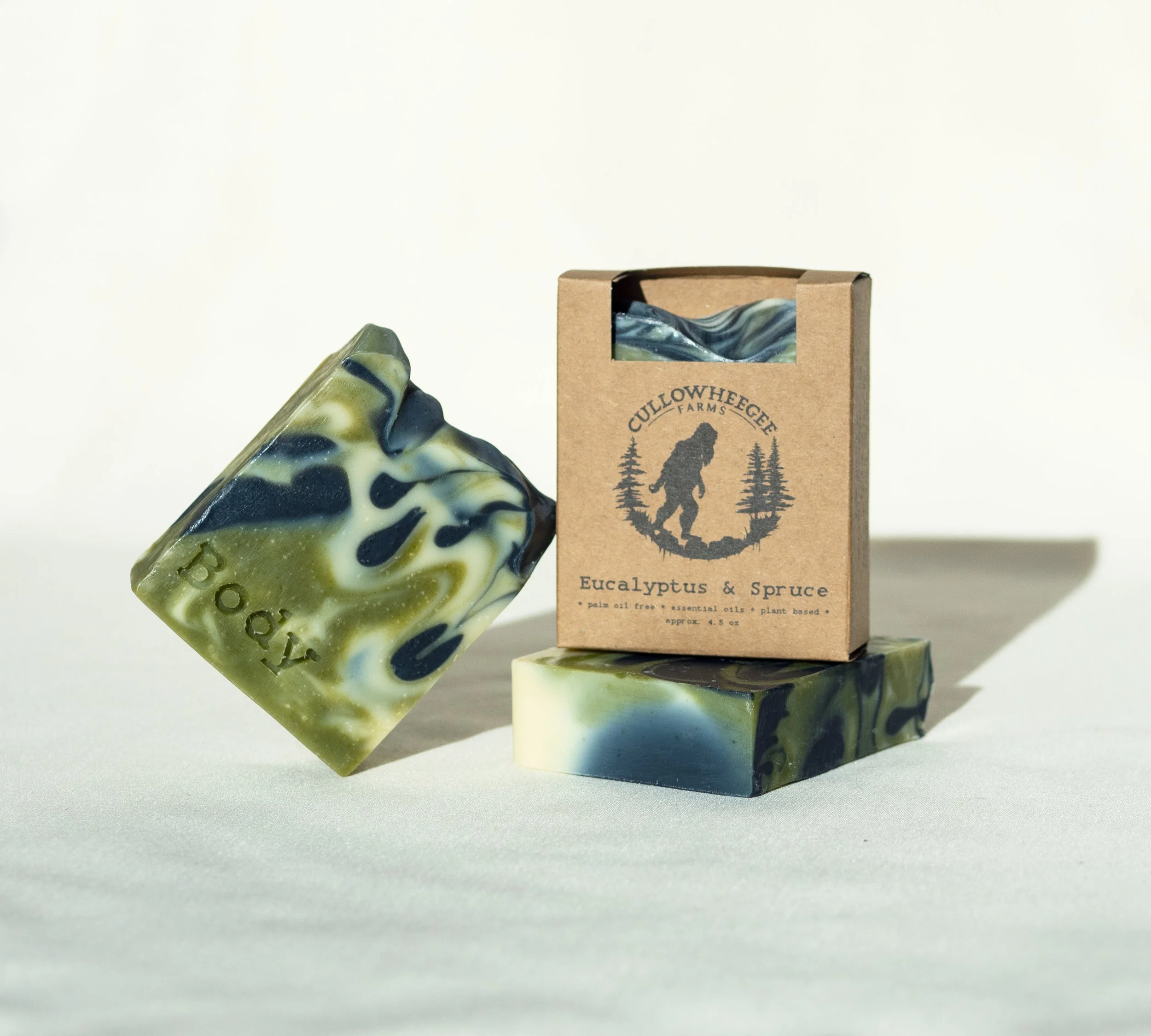 Eucalyptus and spruce soap by Cullowheegee Farms, featuring marbled design and eco-friendly packaging.