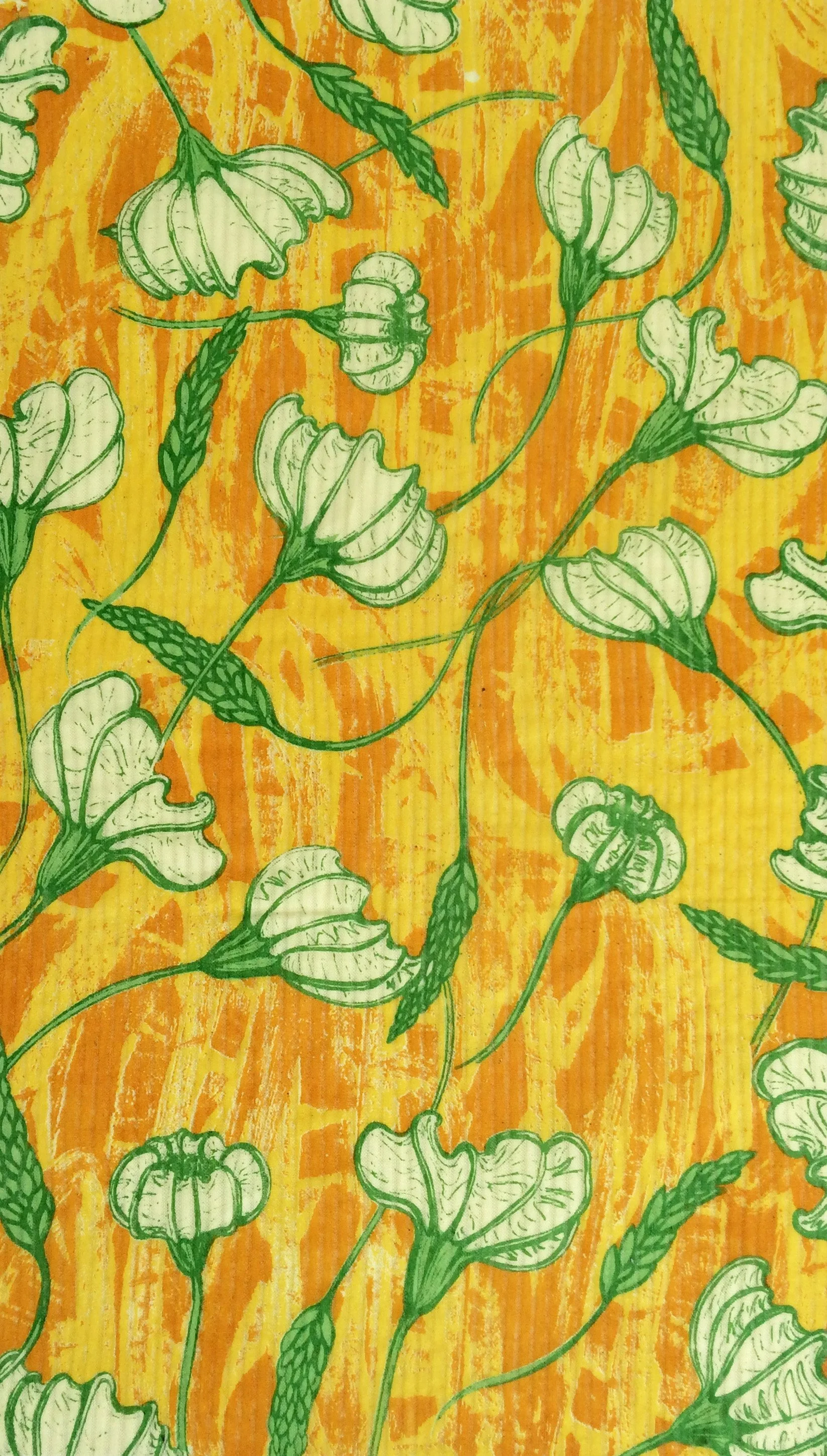 Green stylized flowers and leaves on a yellow and orange textured background