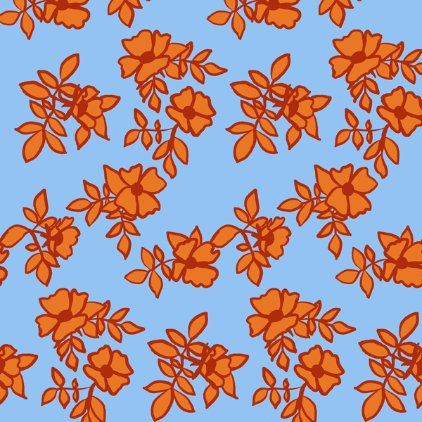 Seamless pattern of orange roses and green leaves on a light blue background.