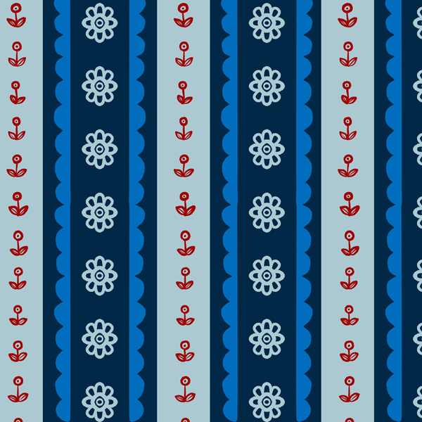 Seamless pattern with alternating blue floral and red sprout designs on striped background