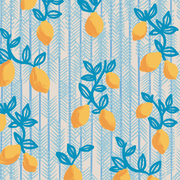 Pattern with yellow lemons on blue branches and textured blue background.