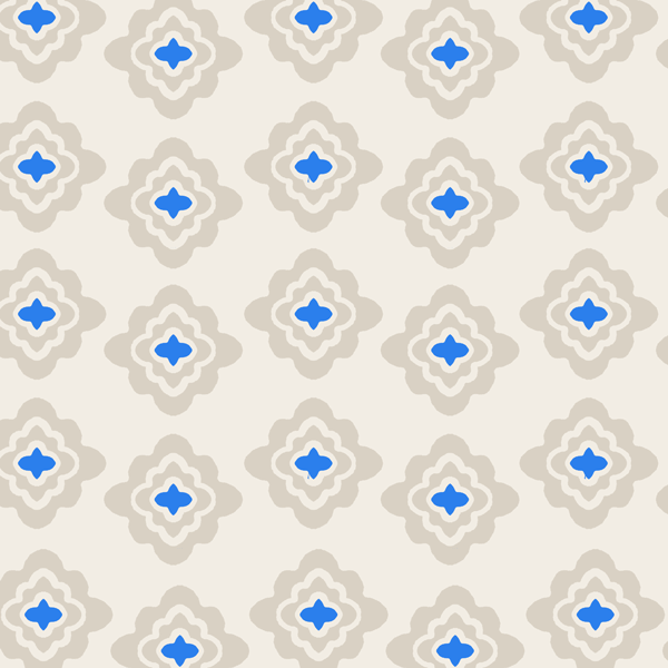 Seamless geometric pattern with beige quatrefoil shapes and blue diamond centers on a light background.