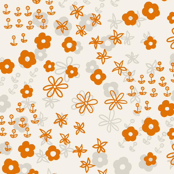 Seamless pattern with orange and gray floral designs on a light background.