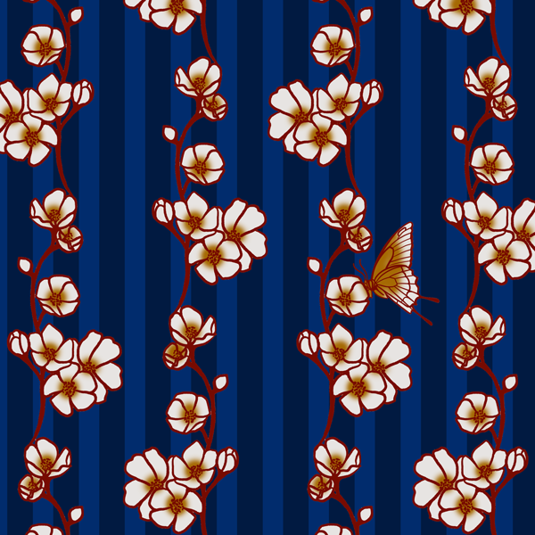 Pattern of white flowers on red vines with a butterfly, set against a dark blue striped background.