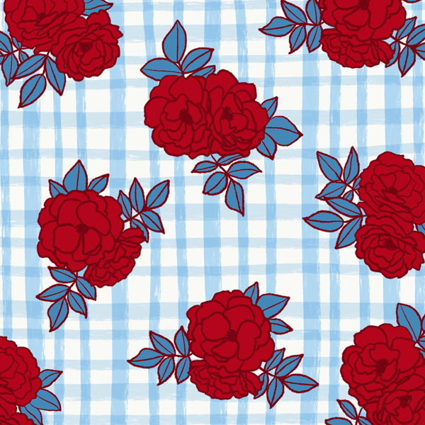 Pattern with red flowers on blue and white checkered background