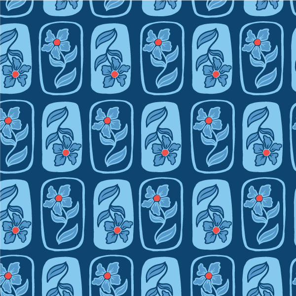 Seamless pattern of stylized flowers with blue petals and orange centers on a blue background.